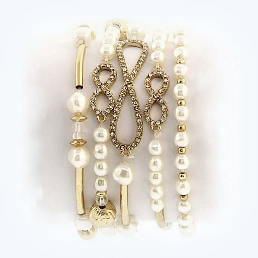 Eternity Stretch Bracelet Set of 5  w/Pearl & Gold Beads - New w/Tags